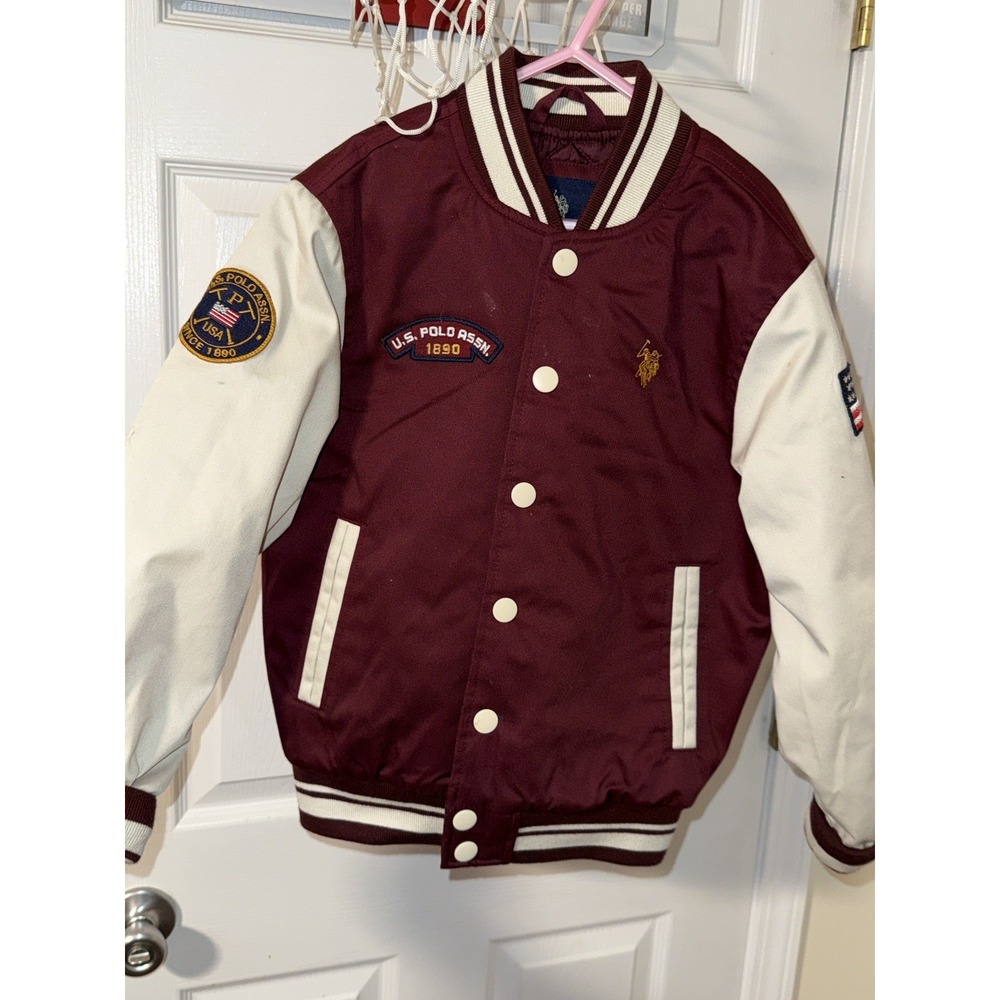 US Polo Assn Boys Varsity Jacket Baseball Quilted Warm Burgundy Cream Size M 8